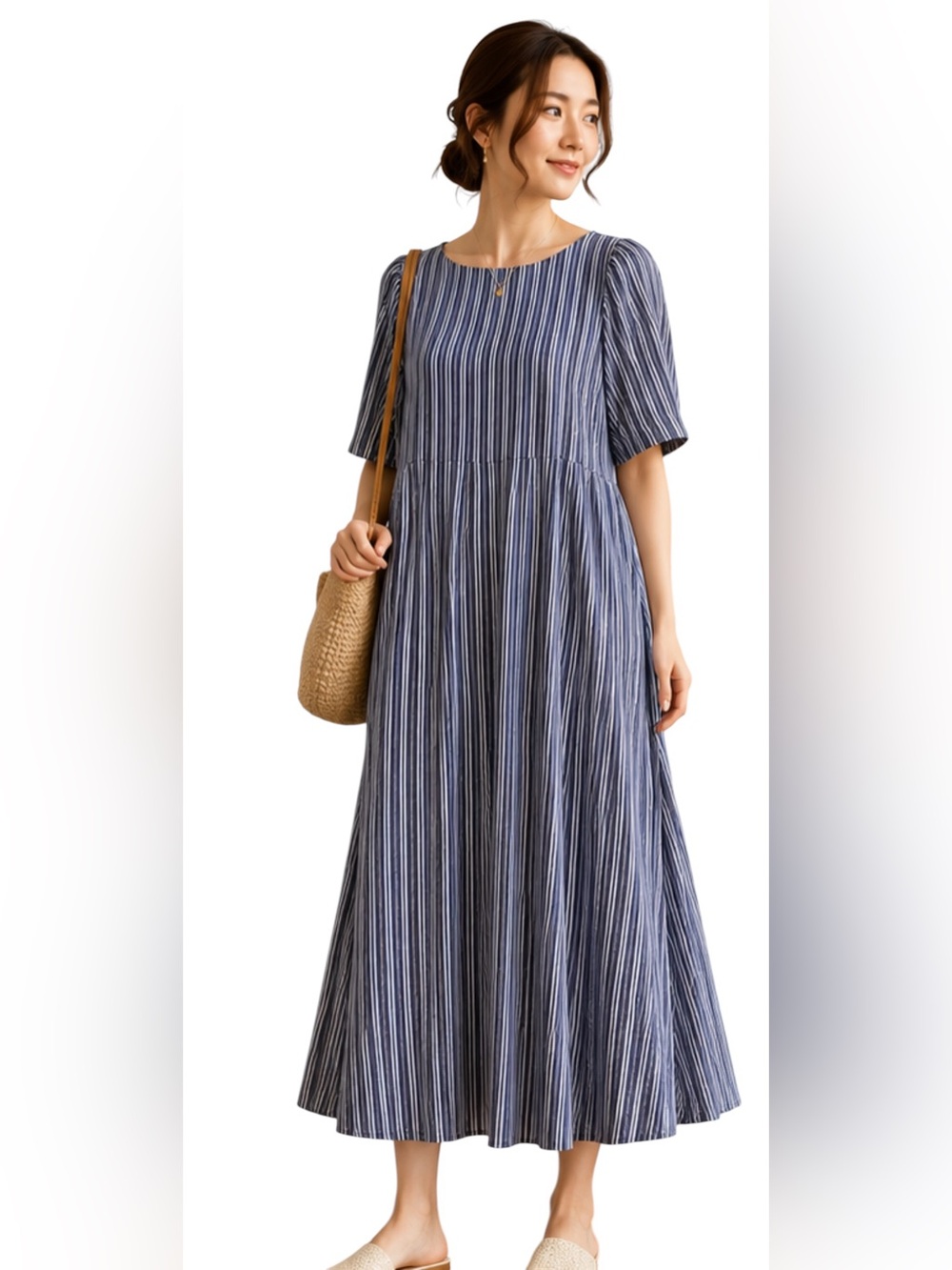Japanese Stripe Prairie Maxi Dress S / M Blue White Cottagecore Coastal